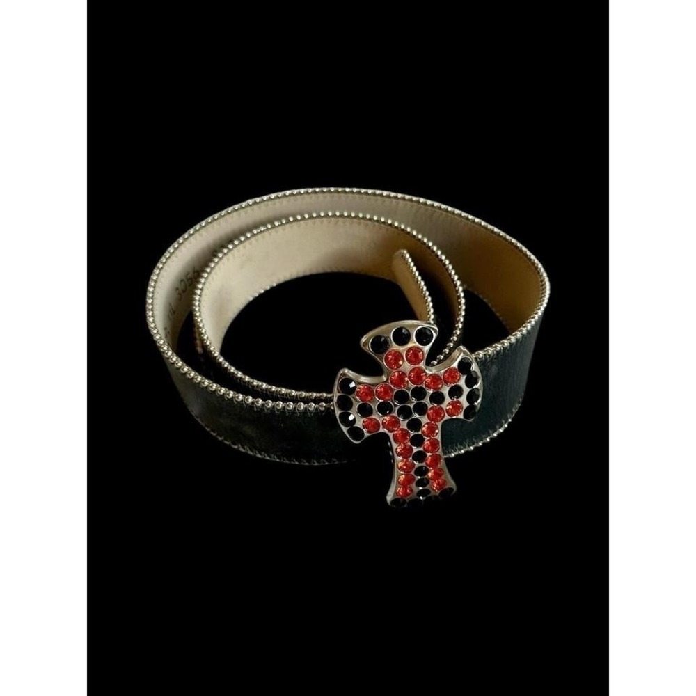 BB SIMON Y2K Vintage Belt Large Black Leather Orange Crystal Cross 90's Rare
